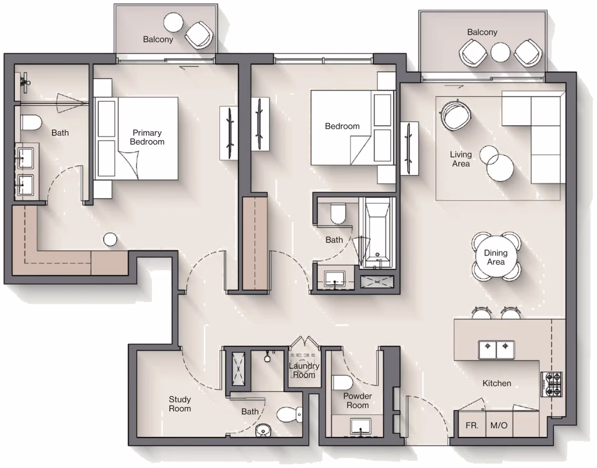 תוכנית 2 חדרי שינה · Type A + S ב־נדל"ן להשקעה Ellington Windsor House, באזור Dubai South, דובאי