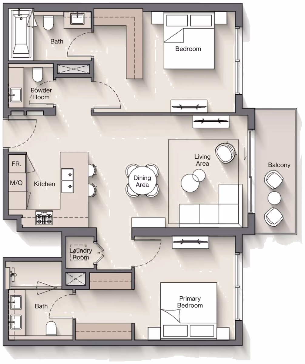 תוכנית 2 חדרי שינה · Type A ב־נדל"ן להשקעה Ellington Windsor House, באזור Dubai South, דובאי