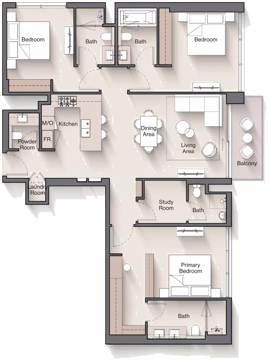 תוכנית 3 חדרי שינה · Type B ב־נדל"ן להשקעה Ellington Windsor House, באזור Dubai South, דובאי