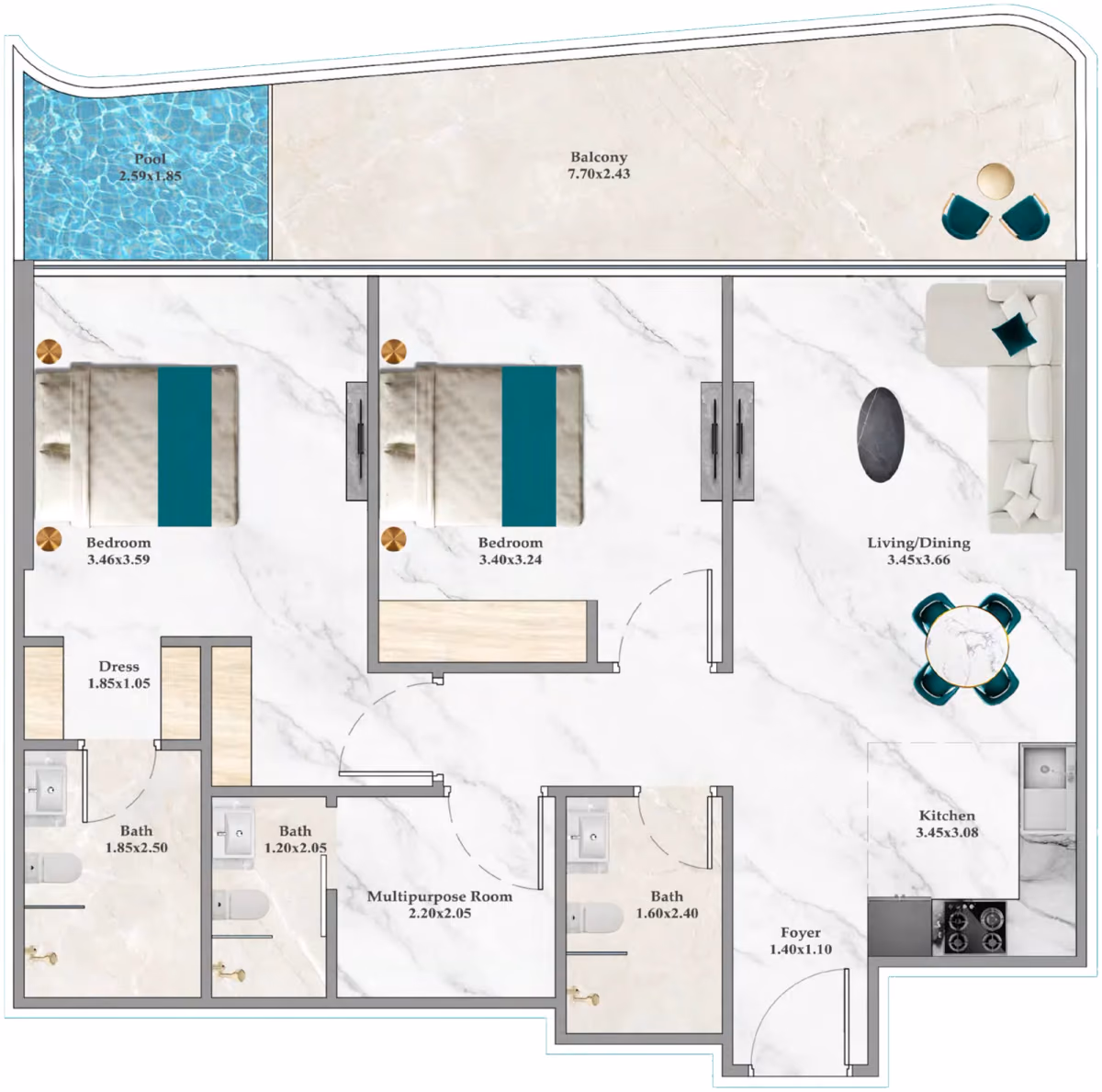תוכנית 2 חדרי שינה · Premium A ב־נדל"ן להשקעה Danube Breez, באזור Maritime City, דובאי