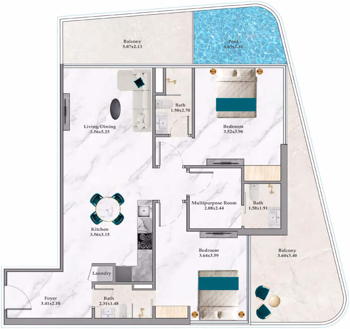 תוכנית 2 חדרי שינה · Premium B ב־נדל"ן להשקעה Danube Breez, באזור Maritime City, דובאי