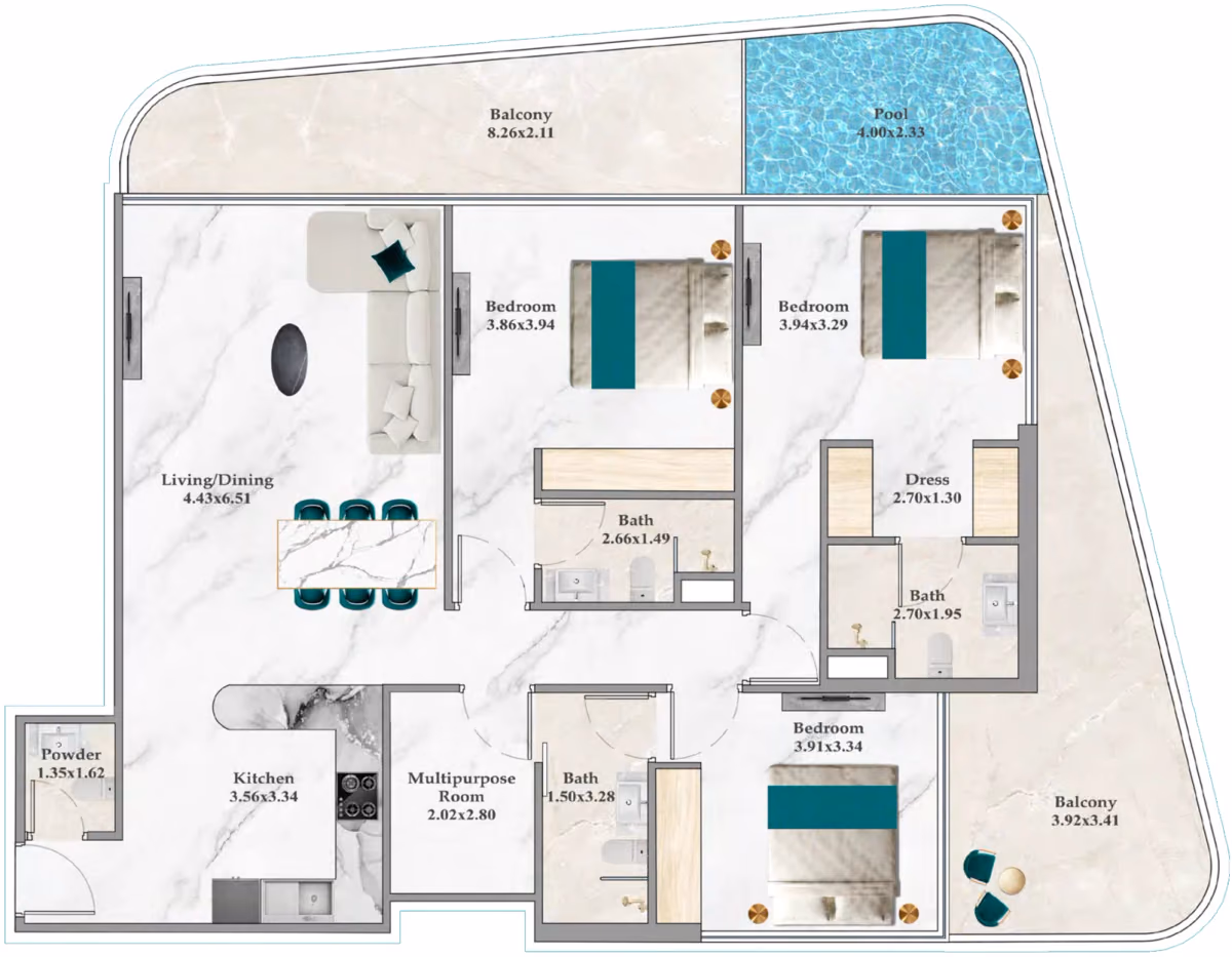 תוכנית 3 חדרי שינה · Premium ב־נדל"ן להשקעה Danube Breez, באזור Maritime City, דובאי