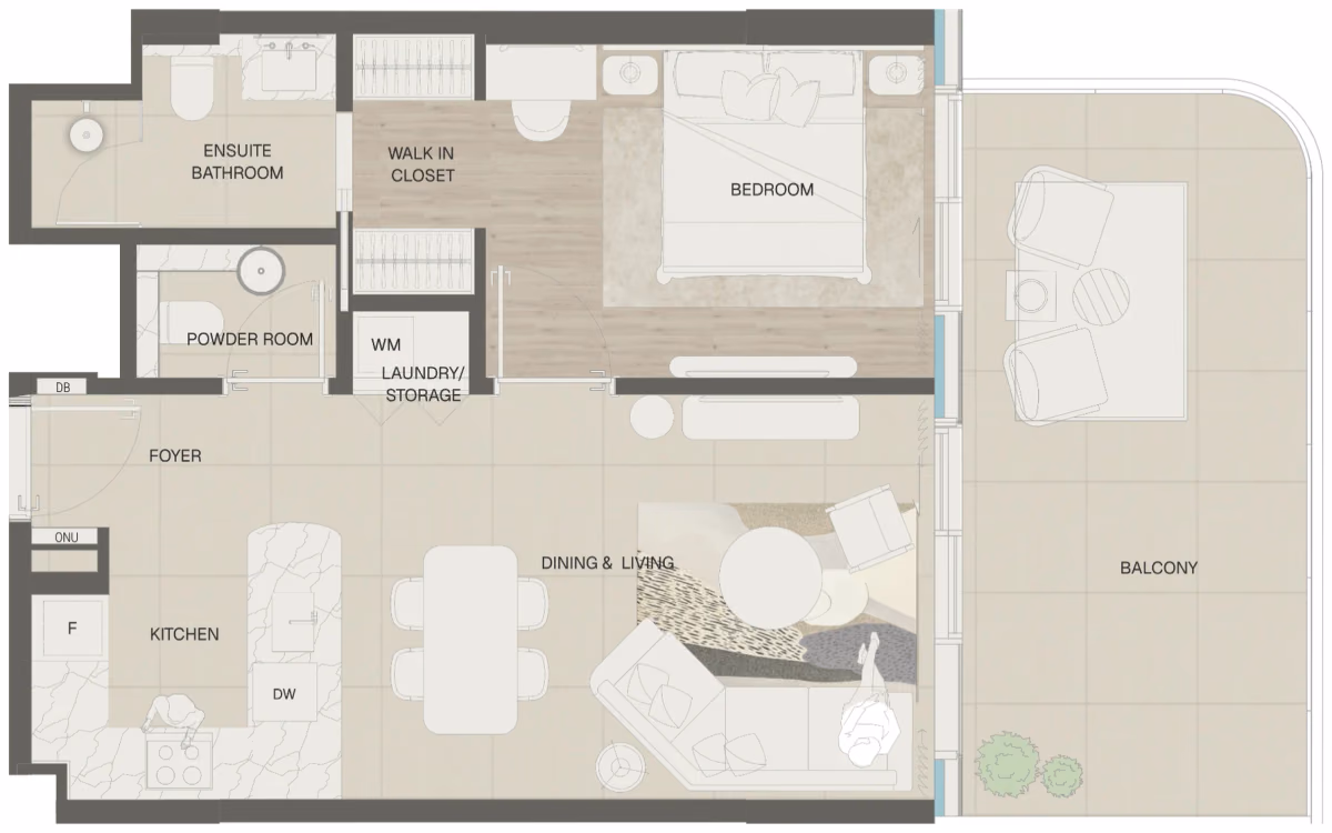 תוכנית חדר שינה אחד · Type 1A, 1B & 1C ב־נדל"ן להשקעה Mondrian Beachfront Residences, באזור Al Marjan Island, ראש אל-חיימה