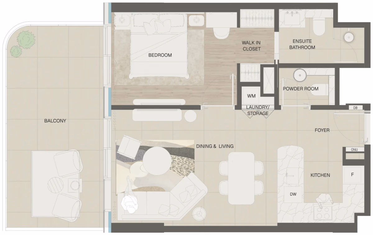 תוכנית חדר שינה אחד · Type 2 ב־נדל"ן להשקעה Mondrian Beachfront Residences, באזור Al Marjan Island, ראש אל-חיימה