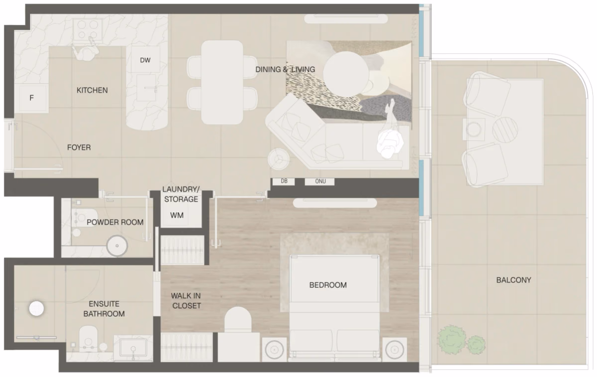 תוכנית חדר שינה אחד · Type 3 ב־נדל"ן להשקעה Mondrian Beachfront Residences, באזור Al Marjan Island, ראש אל-חיימה