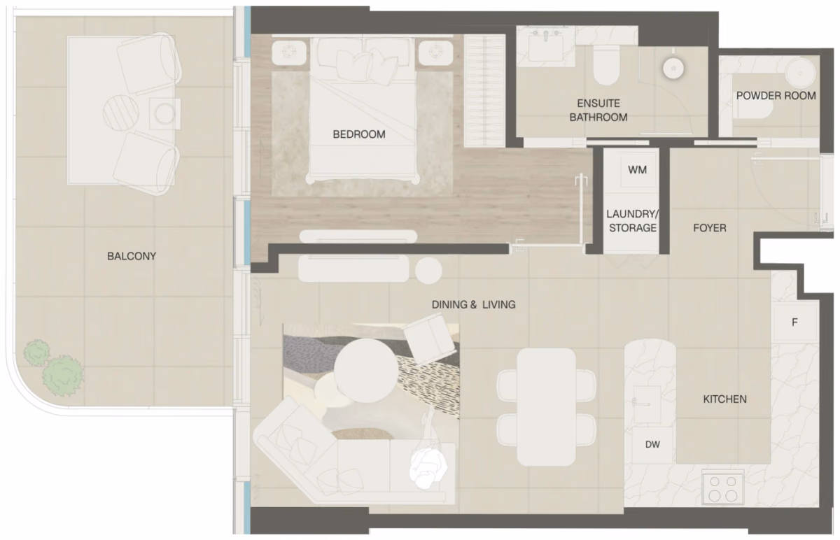 תוכנית חדר שינה אחד · Type 4 ב־נדל"ן להשקעה Mondrian Beachfront Residences, באזור Al Marjan Island, ראש אל-חיימה