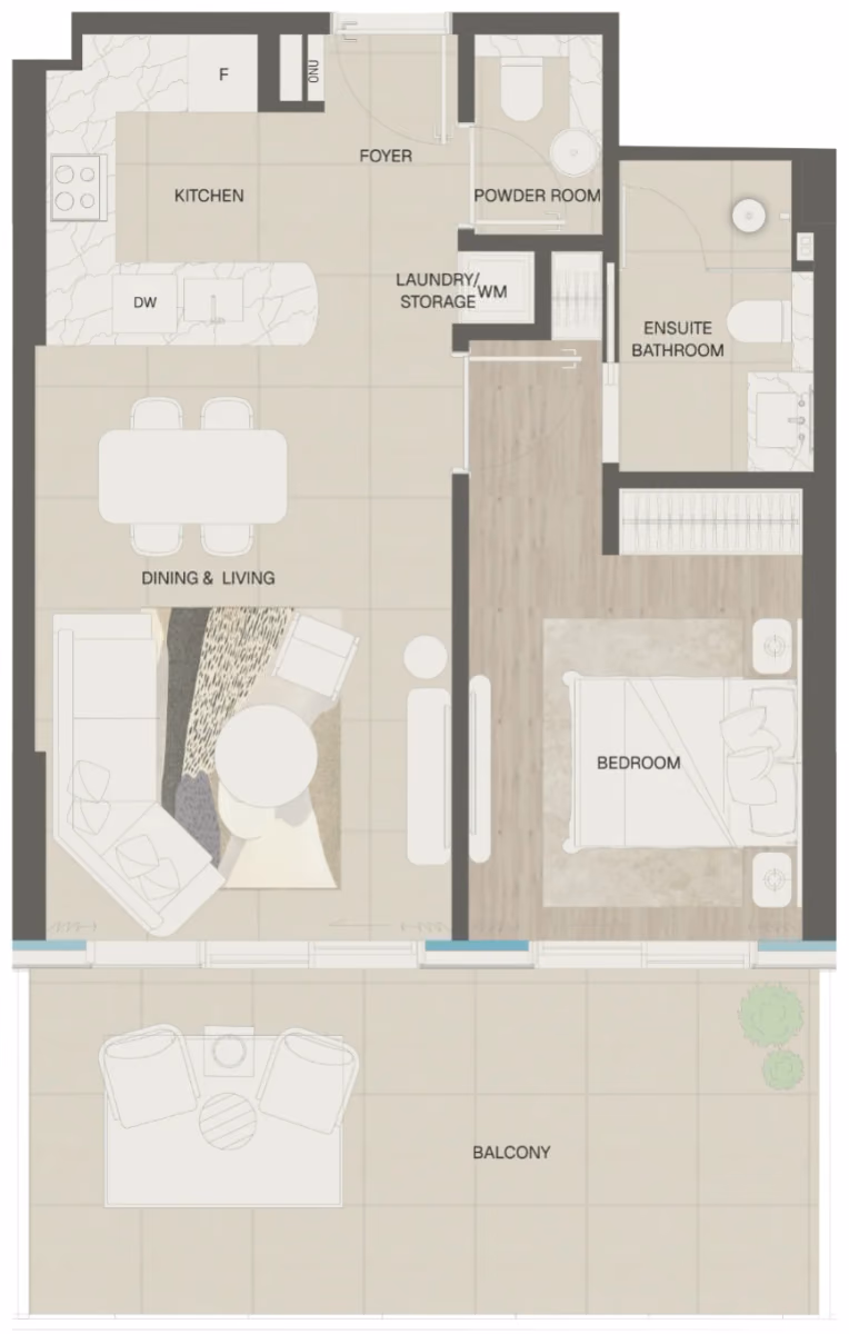 תוכנית חדר שינה אחד · Type 5A, 5B, 5C & 5D ב־נדל"ן להשקעה Mondrian Beachfront Residences, באזור Al Marjan Island, ראש אל-חיימה