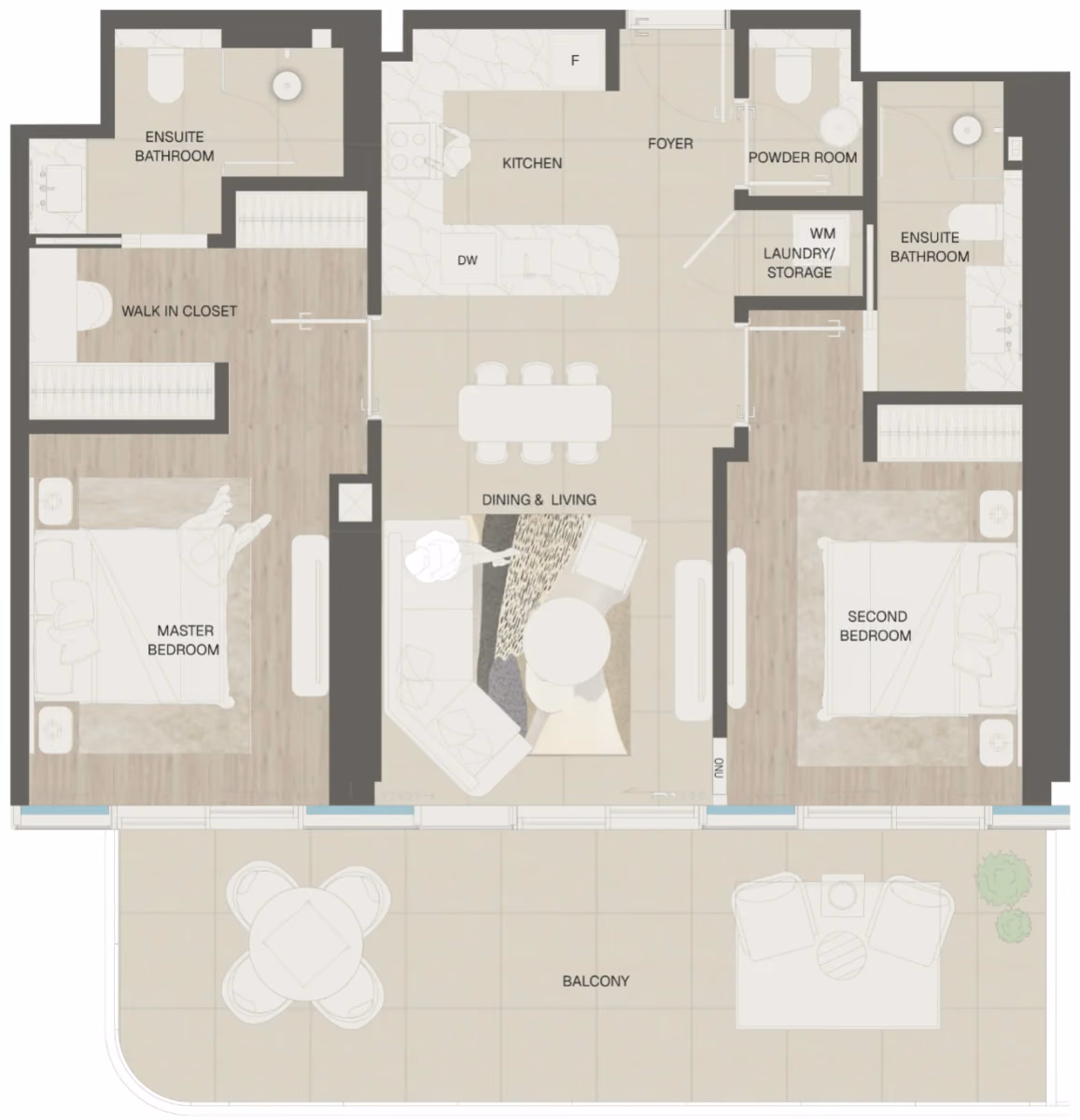 תוכנית 2 חדרי שינה · Type 1A, 1C & 1D ב־נדל"ן להשקעה Mondrian Beachfront Residences, באזור Al Marjan Island, ראש אל-חיימה