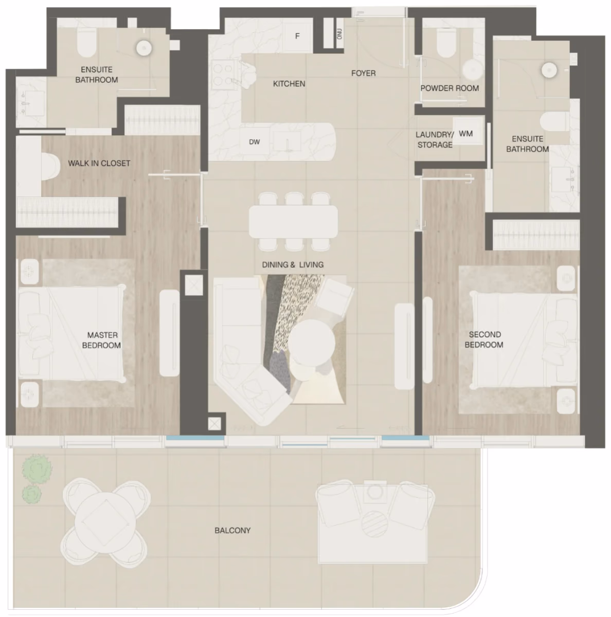 תוכנית 2 חדרי שינה · Type 1B, 1E & 1F ב־נדל"ן להשקעה Mondrian Beachfront Residences, באזור Al Marjan Island, ראש אל-חיימה