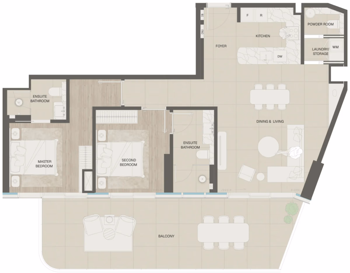 תוכנית 2 חדרי שינה · Type 2 ב־נדל"ן להשקעה Mondrian Beachfront Residences, באזור Al Marjan Island, ראש אל-חיימה