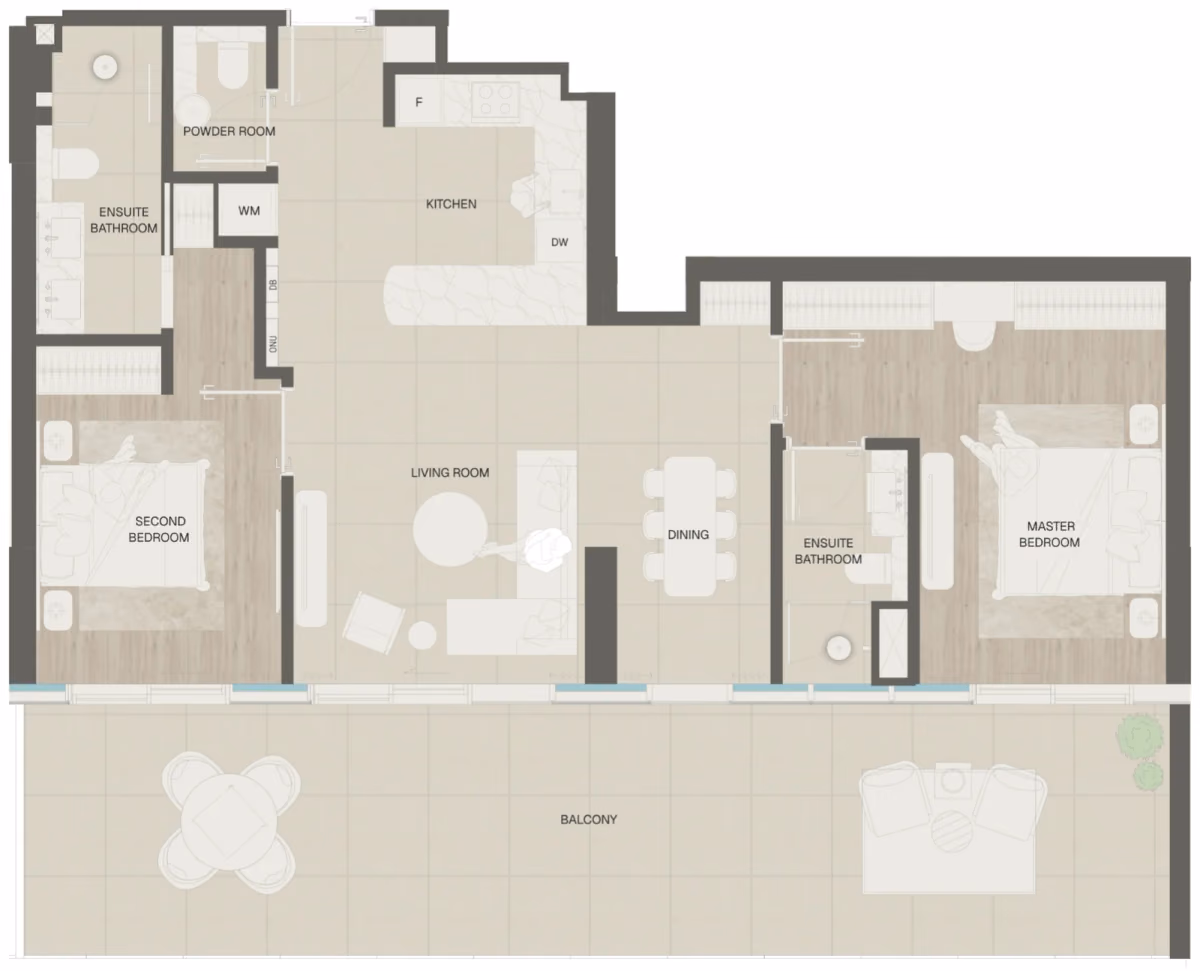 תוכנית 2 חדרי שינה · Type 3 ב־נדל"ן להשקעה Mondrian Beachfront Residences, באזור Al Marjan Island, ראש אל-חיימה