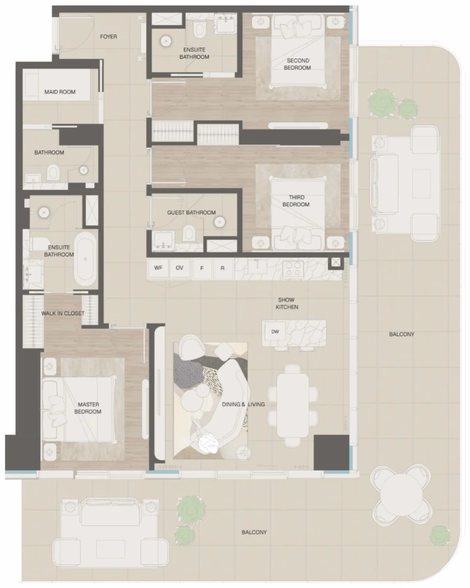 תוכנית 3 חדרי שינה · Type 1 ב־נדל"ן להשקעה Mondrian Beachfront Residences, באזור Al Marjan Island, ראש אל-חיימה