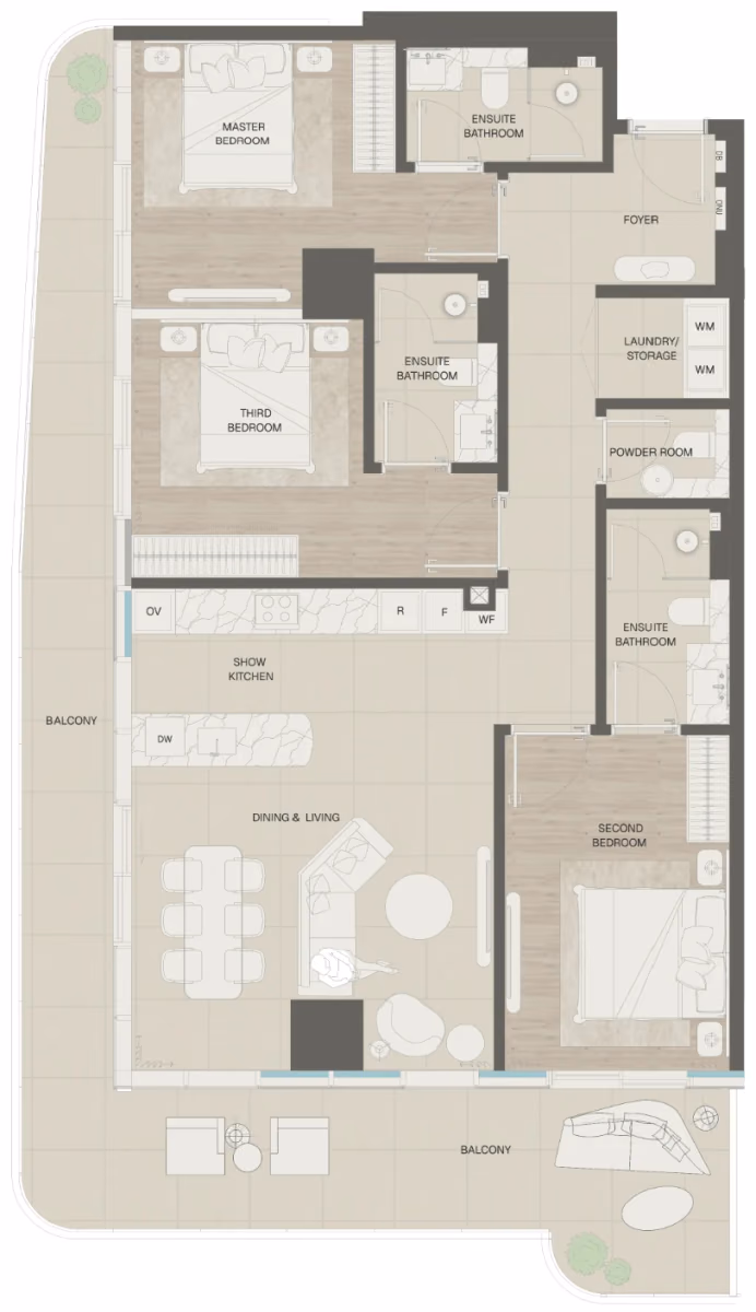 תוכנית 3 חדרי שינה · Type 3 ב־נדל"ן להשקעה Mondrian Beachfront Residences, באזור Al Marjan Island, ראש אל-חיימה