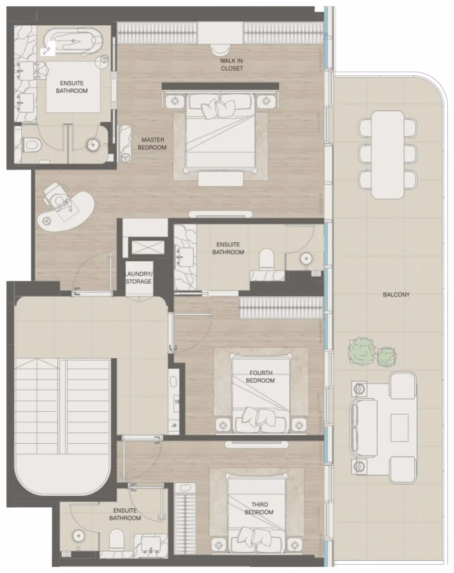 תוכנית 4 חדרי שינה · פנטהאוז · Sky Villa Type 1 ב־נדל"ן להשקעה Mondrian Beachfront Residences, באזור Al Marjan Island, ראש אל-חיימה (קומה עליונה)