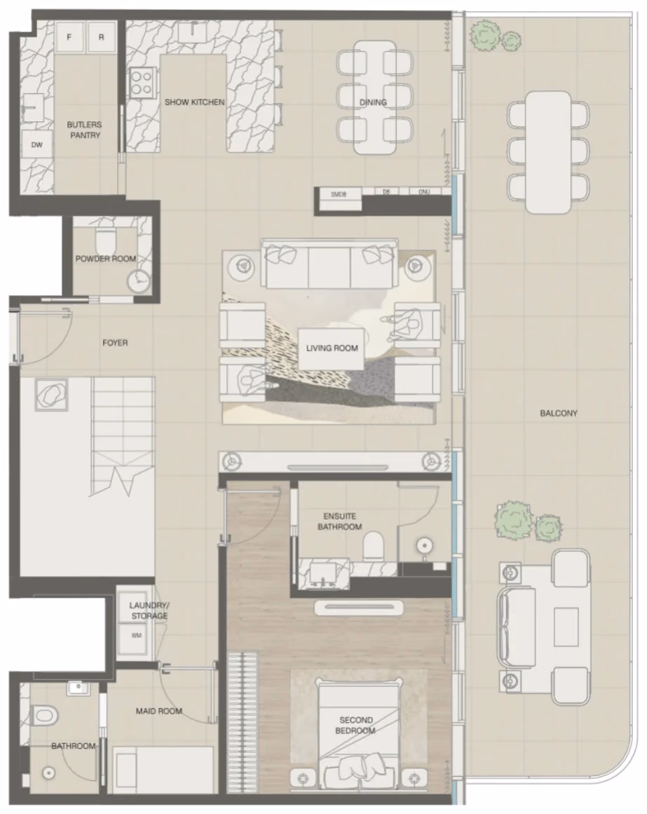 תוכנית 4 חדרי שינה · פנטהאוז · Sky Villa Type 2 ב־נדל"ן להשקעה Mondrian Beachfront Residences, באזור Al Marjan Island, ראש אל-חיימה (קומה תחתונה)