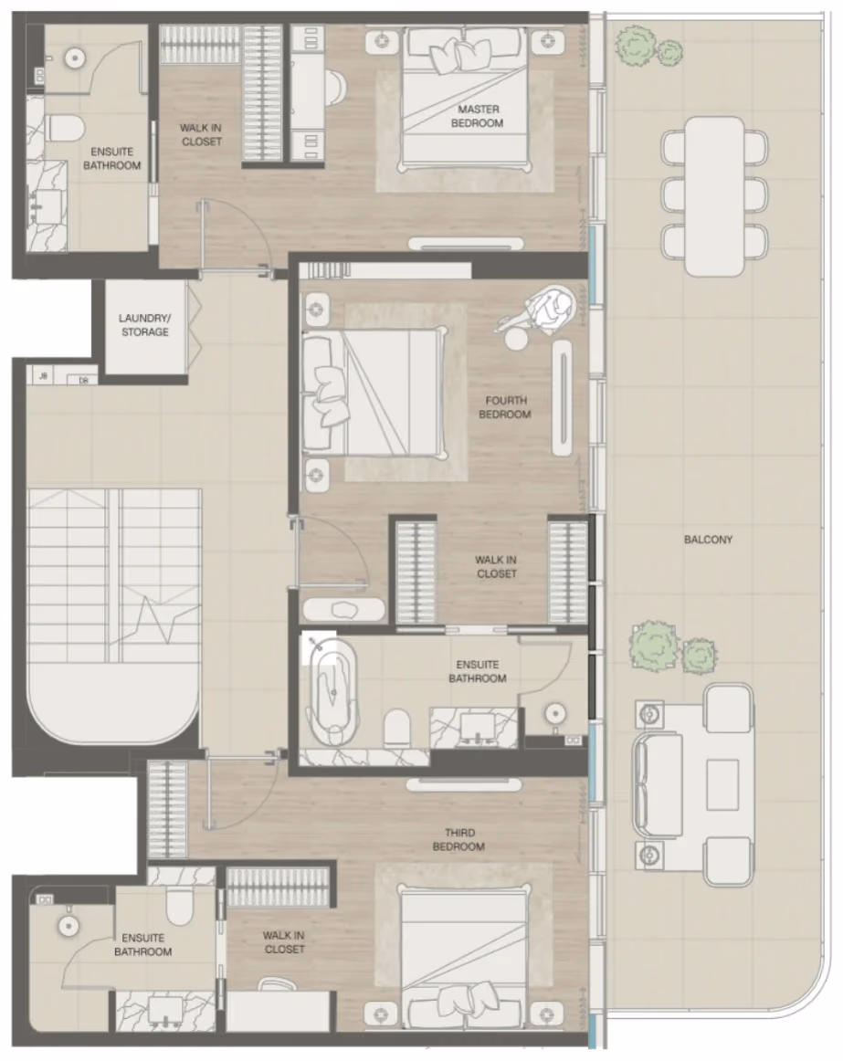 תוכנית 4 חדרי שינה · פנטהאוז · Sky Villa Type 2 ב־נדל"ן להשקעה Mondrian Beachfront Residences, באזור Al Marjan Island, ראש אל-חיימה (קומה עליונה)