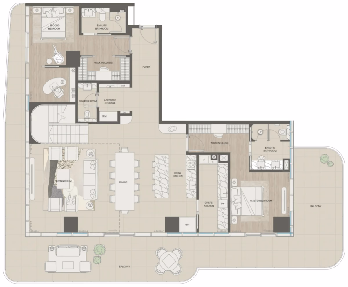 תוכנית 5 חדרי שינה · פנטהאוז · Sky Villa Type 1 ב־נדל"ן להשקעה Mondrian Beachfront Residences, באזור Al Marjan Island, ראש אל-חיימה (קומה תחתונה)
