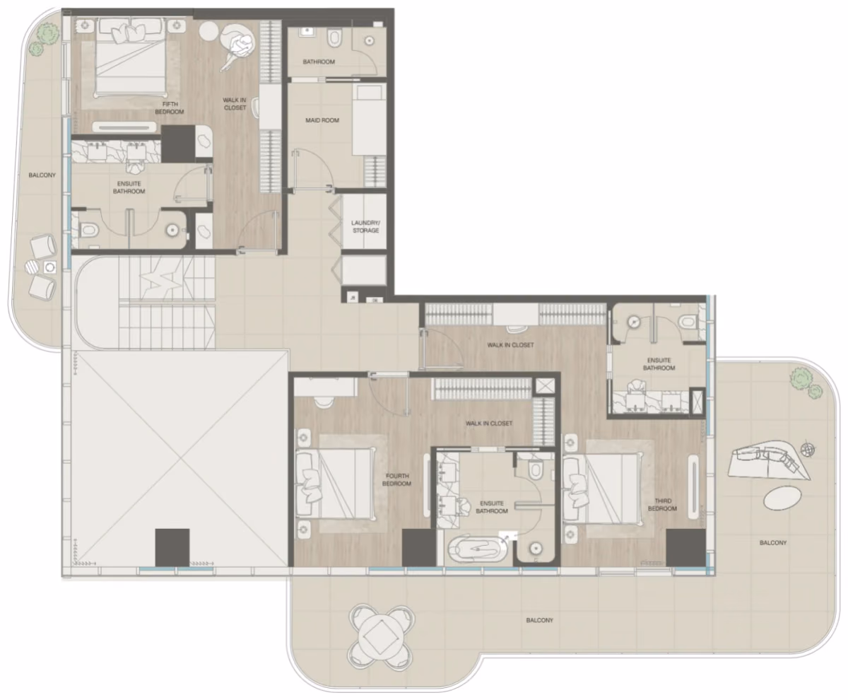 תוכנית 5 חדרי שינה · פנטהאוז · Sky Villa Type 1 ב־נדל"ן להשקעה Mondrian Beachfront Residences, באזור Al Marjan Island, ראש אל-חיימה (קומה עליונה)