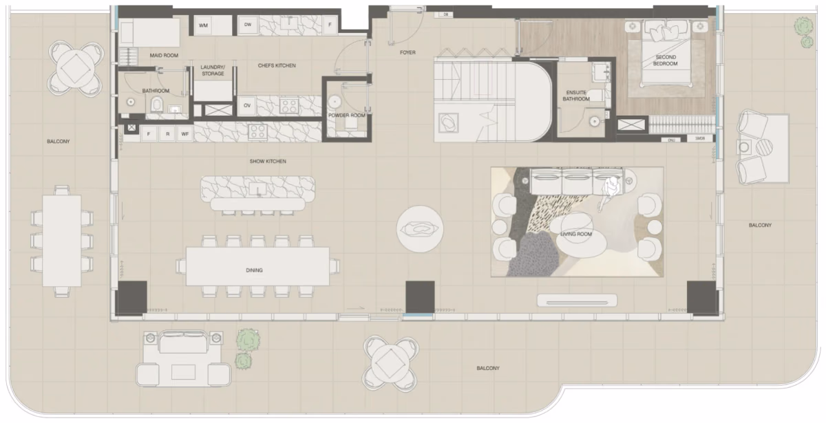 תוכנית 5 חדרי שינה · פנטהאוז · Sky Villa Type 2 ב־נדל"ן להשקעה Mondrian Beachfront Residences, באזור Al Marjan Island, ראש אל-חיימה (קומה תחתונה)