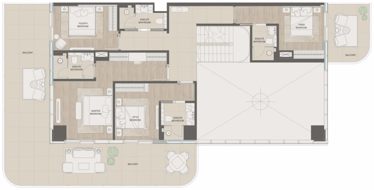 תוכנית 5 חדרי שינה · פנטהאוז · Sky Villa Type 2 ב־נדל"ן להשקעה Mondrian Beachfront Residences, באזור Al Marjan Island, ראש אל-חיימה (קומה עליונה)