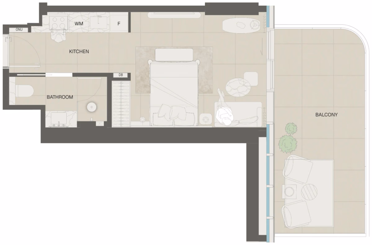 תוכנית סטודיו · Type 1B ב־נדל"ן להשקעה Mondrian Beachfront Residences, באזור Al Marjan Island, ראש אל-חיימה