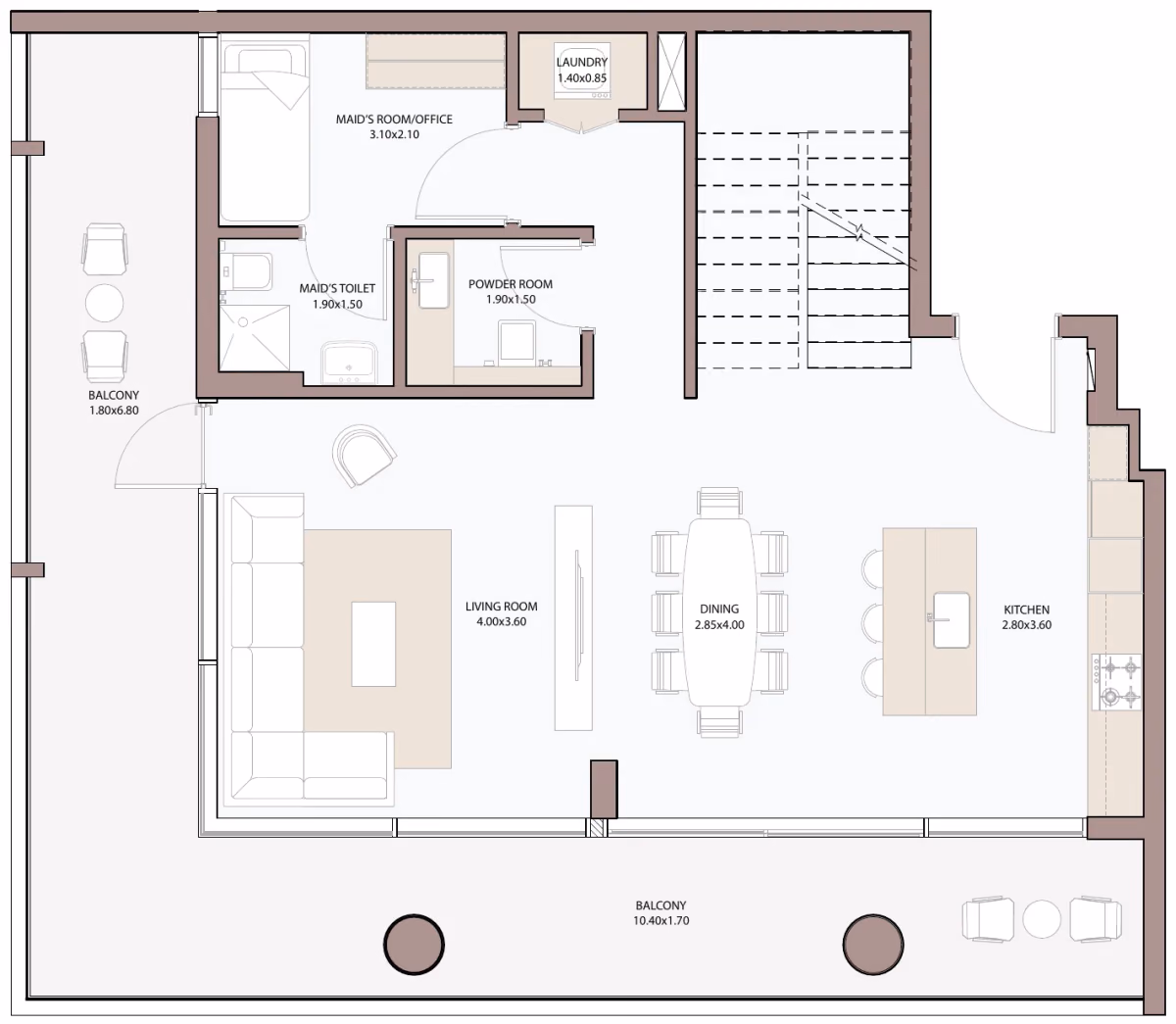 תוכנית 2 חדרי שינה · דופלקס · 2.5 BHK Loft Type B2 ב־דירות להשקעה Metac Haven Bay בדובאי איילנד (קומה תחתונה)