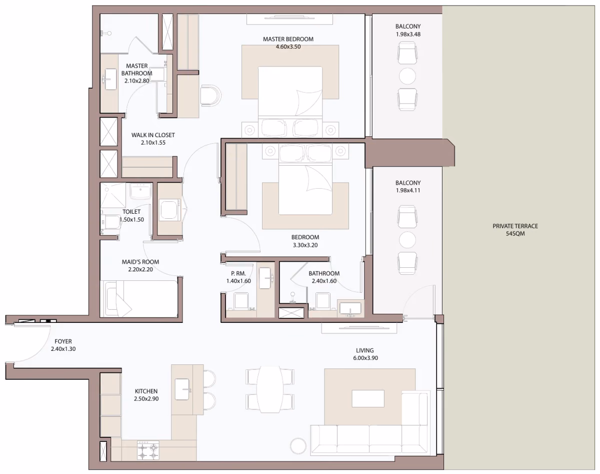 תוכנית 2 חדרי שינה · 2.5 BHK Terrace Type A1 ב־דירות להשקעה Metac Haven Bay בדובאי איילנד