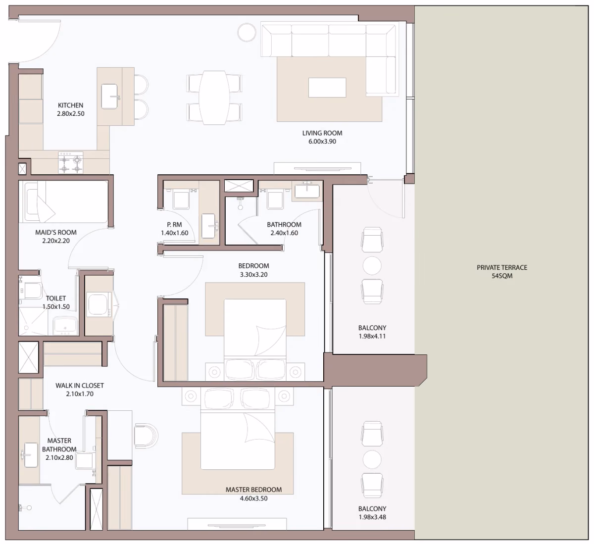 תוכנית 2 חדרי שינה · 2.5 BHK Terrace Type B1 ב־דירות להשקעה Metac Haven Bay בדובאי איילנד