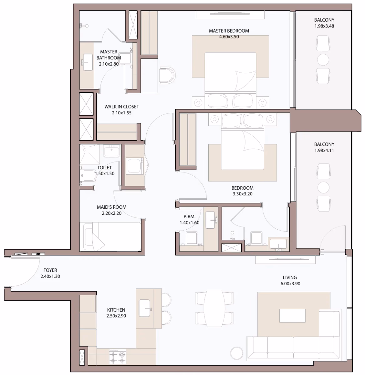 תוכנית 2 חדרי שינה · 2.5 BHK Type A2 ב־דירות להשקעה Metac Haven Bay בדובאי איילנד