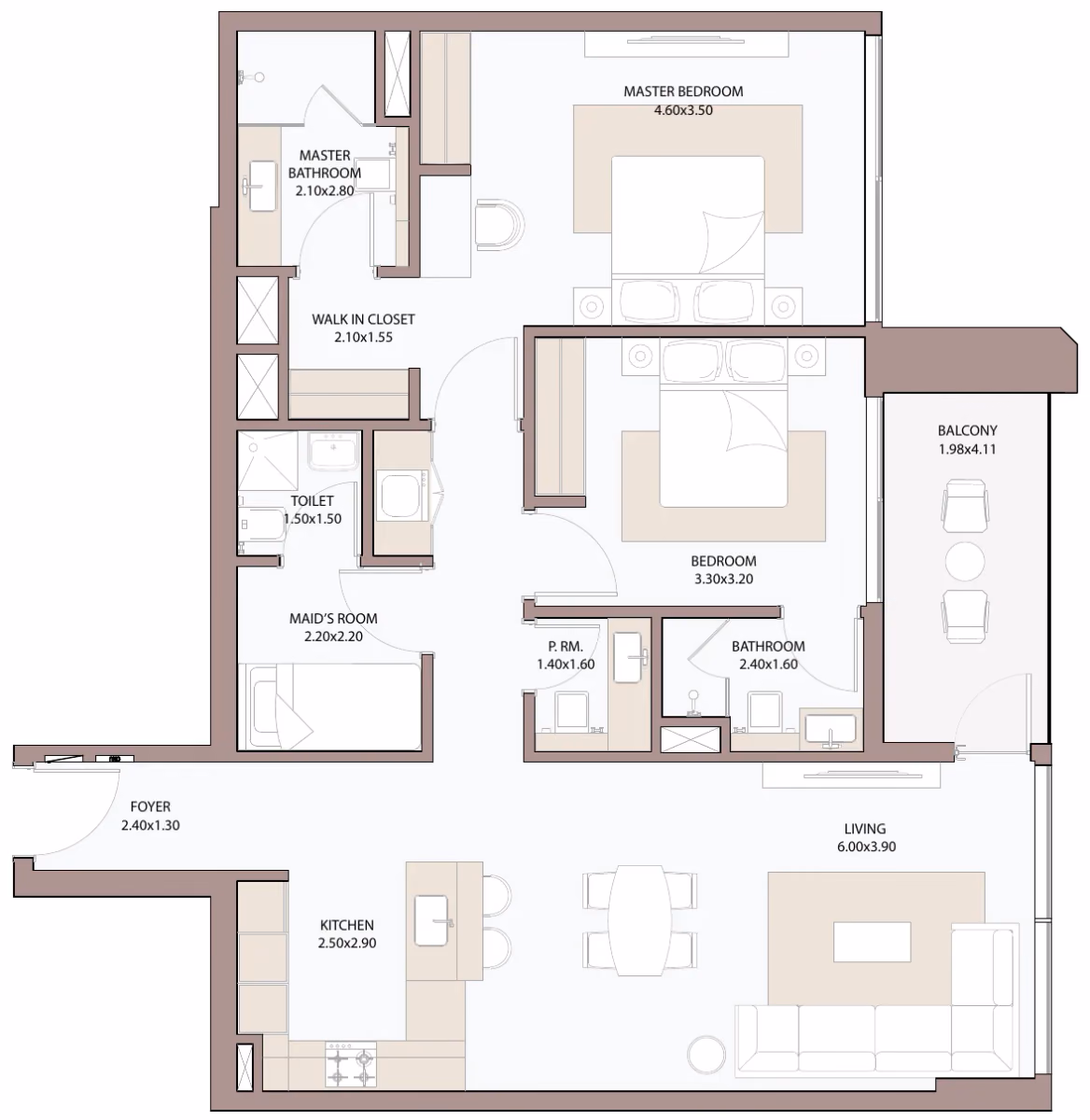תוכנית 2 חדרי שינה · 2.5 BHK Type A3 ב־דירות להשקעה Metac Haven Bay בדובאי איילנד