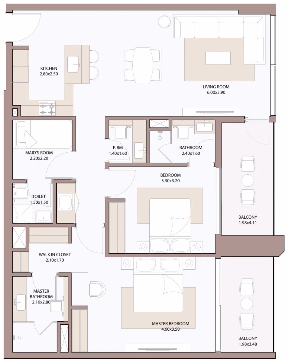 תוכנית 2 חדרי שינה · 2.5 BHK Type B2 ב־דירות להשקעה Metac Haven Bay בדובאי איילנד