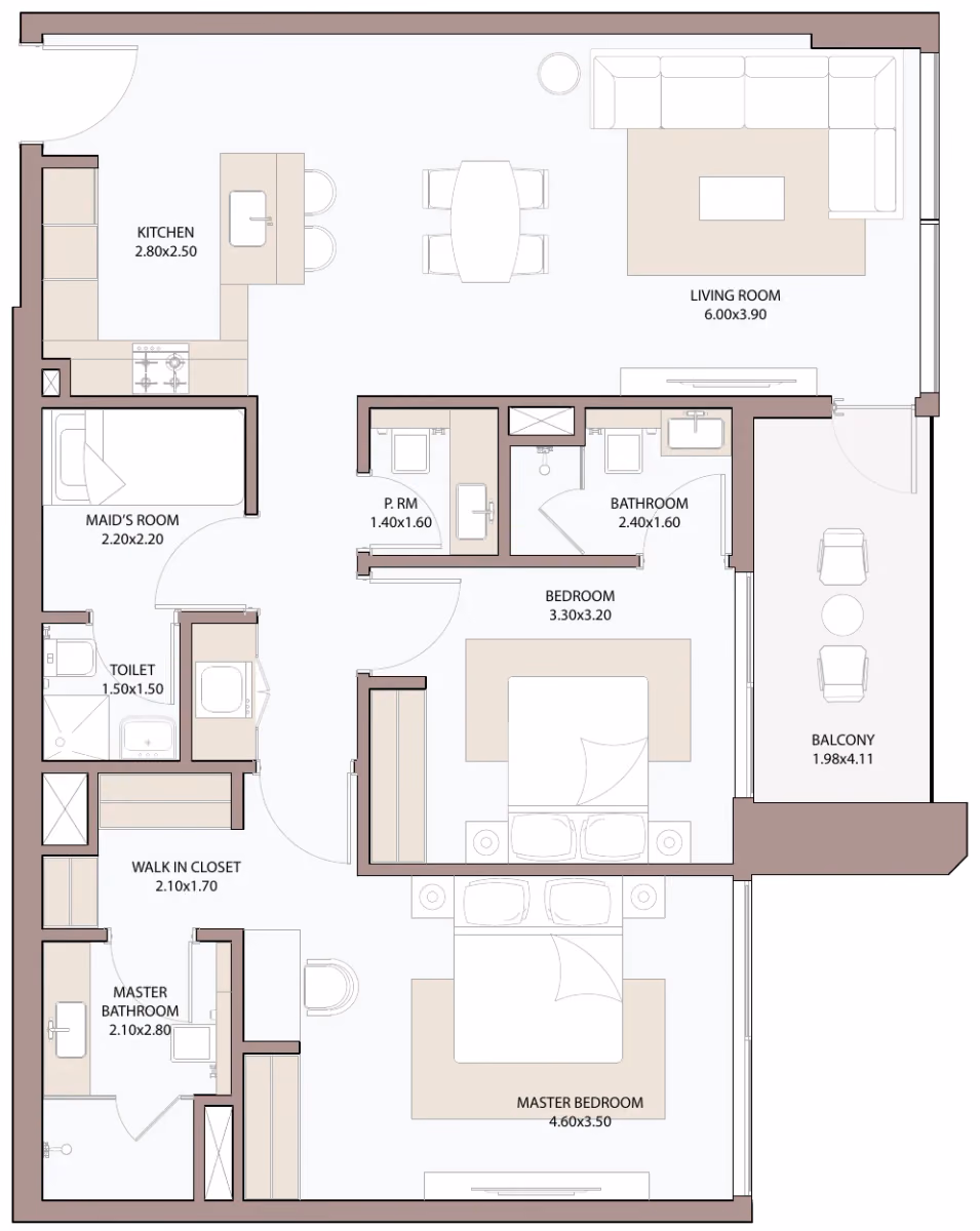 תוכנית 2 חדרי שינה · 2.5 BHK Type B3 ב־דירות להשקעה Metac Haven Bay בדובאי איילנד