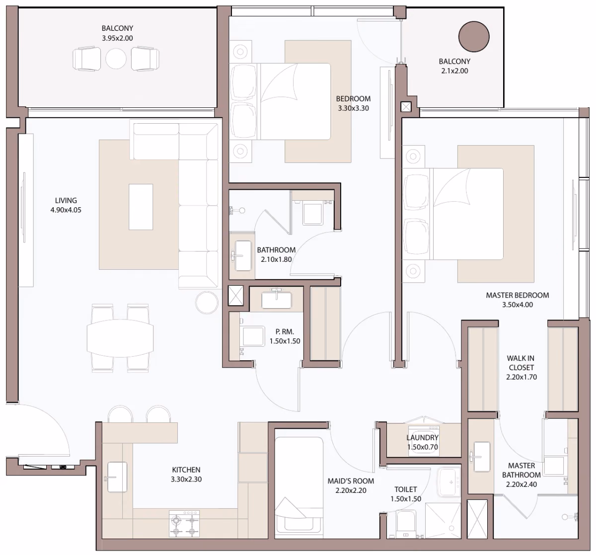 תוכנית 2 חדרי שינה · 2.5 BHK Type C1 ב־דירות להשקעה Metac Haven Bay בדובאי איילנד