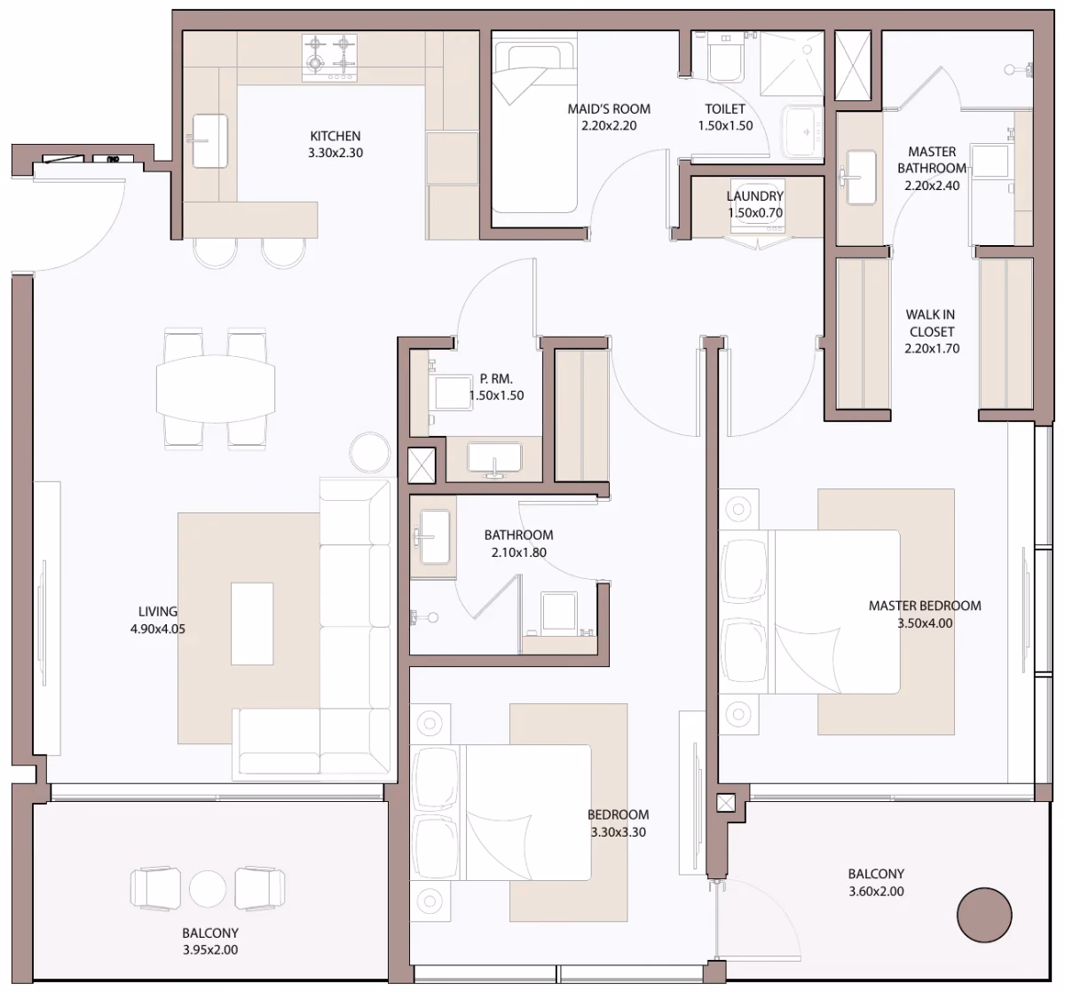 תוכנית 2 חדרי שינה · 2.5 BHK Type C2 ב־דירות להשקעה Metac Haven Bay בדובאי איילנד