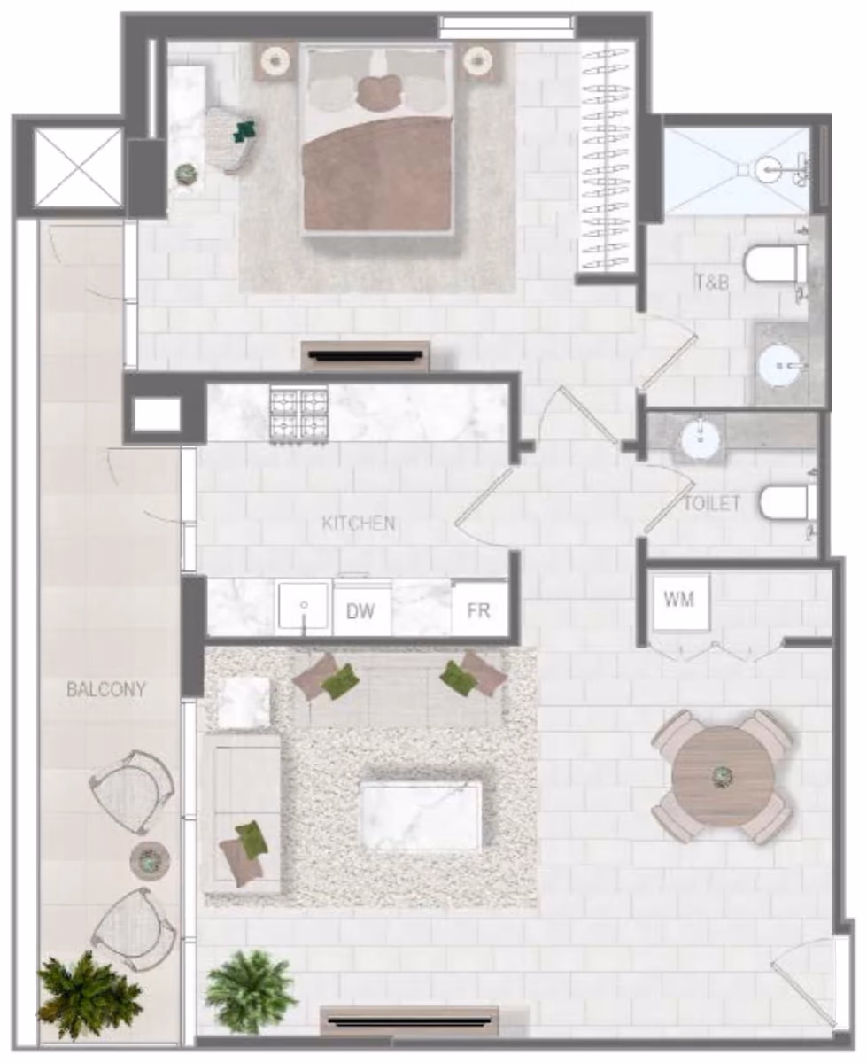 תוכנית חדר שינה אחד · Type A ב־נדל"ן להשקעה Object1 Evergr1n House 4, באזור Al Satwa, דובאי
