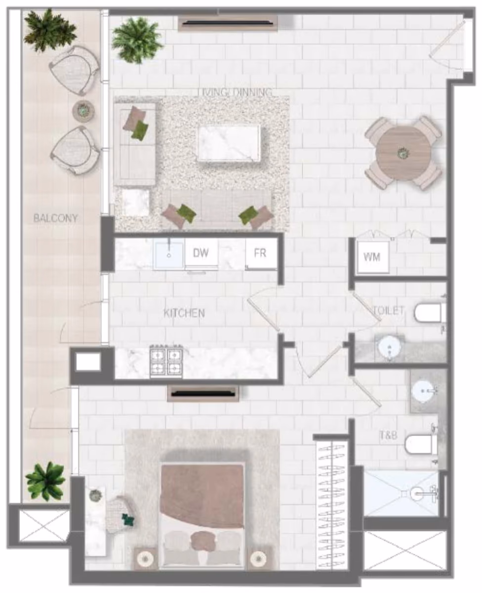 תוכנית חדר שינה אחד · Type B ב־נדל"ן להשקעה Object1 Evergr1n House 4, באזור Al Satwa, דובאי