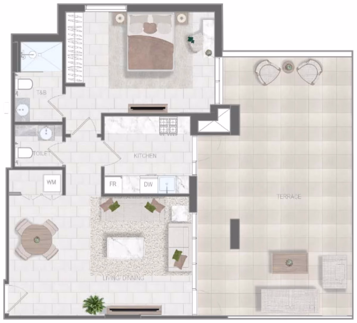 תוכנית חדר שינה אחד · Type D ב־נדל"ן להשקעה Object1 Evergr1n House 4, באזור Al Satwa, דובאי