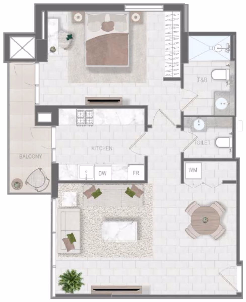 תוכנית חדר שינה אחד · Type E ב־נדל"ן להשקעה Object1 Evergr1n House 4, באזור Al Satwa, דובאי