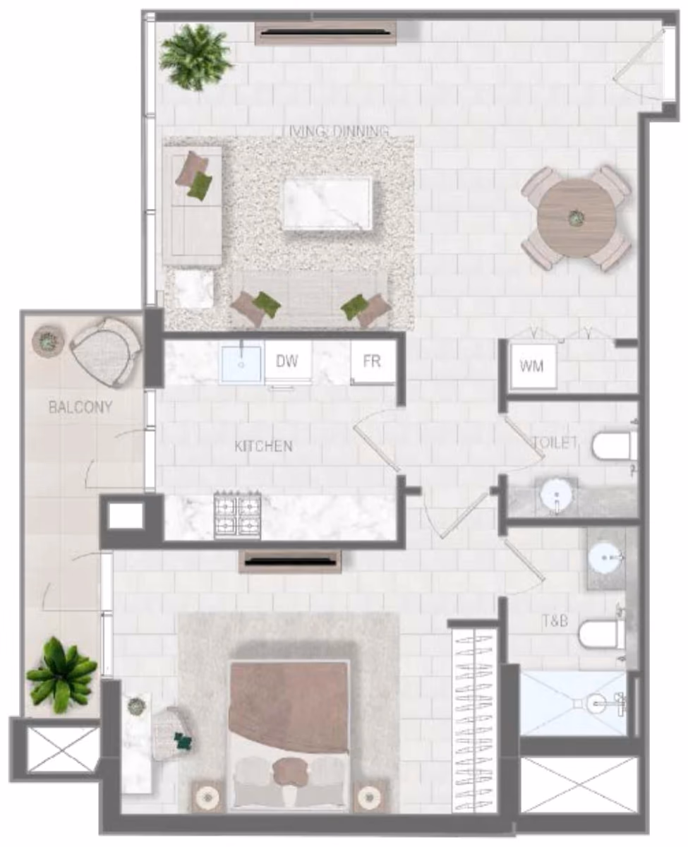תוכנית חדר שינה אחד · Type F ב־נדל"ן להשקעה Object1 Evergr1n House 4, באזור Al Satwa, דובאי