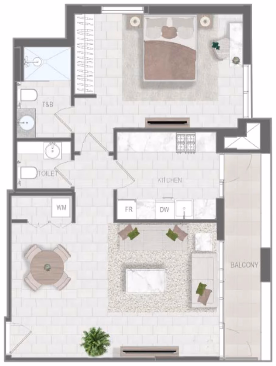 תוכנית חדר שינה אחד · Type H ב־נדל"ן להשקעה Object1 Evergr1n House 4, באזור Al Satwa, דובאי