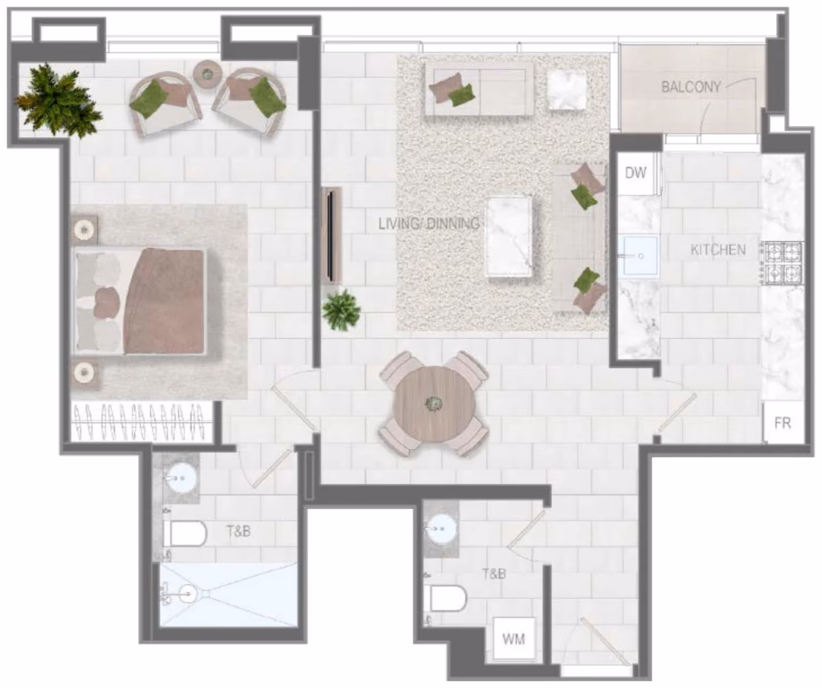 תוכנית חדר שינה אחד · Type I ב־נדל"ן להשקעה Object1 Evergr1n House 4, באזור Al Satwa, דובאי