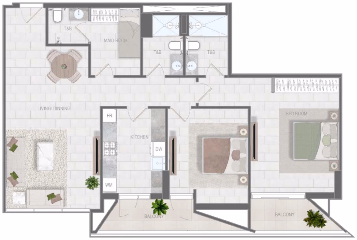 תוכנית 2 חדרי שינה · Type B ב־נדל"ן להשקעה Object1 Evergr1n House 4, באזור Al Satwa, דובאי