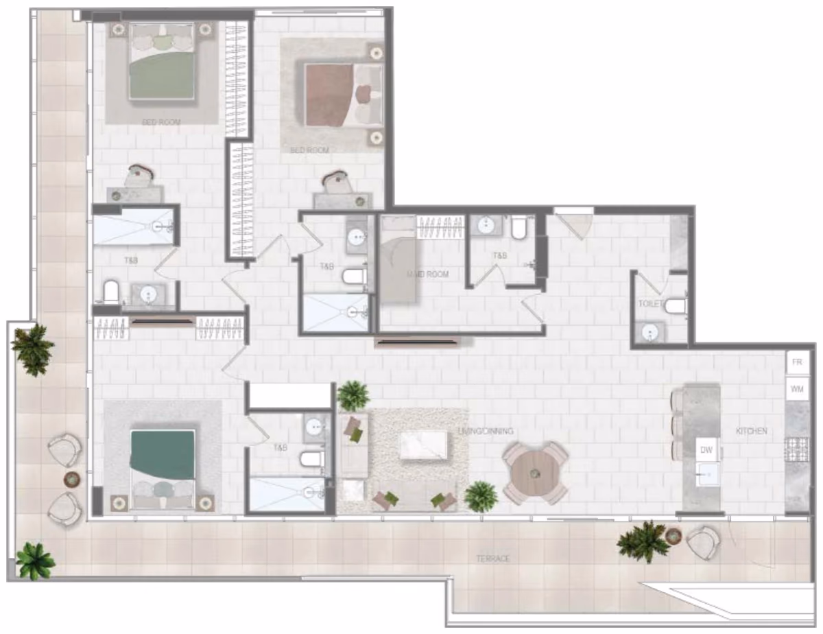 תוכנית 3 חדרי שינה · Type A ב־נדל"ן להשקעה Object1 Evergr1n House 4, באזור Al Satwa, דובאי