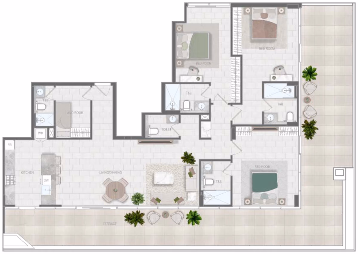 תוכנית 3 חדרי שינה · Type B ב־נדל"ן להשקעה Object1 Evergr1n House 4, באזור Al Satwa, דובאי