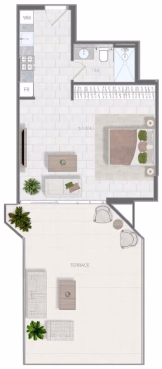 תוכנית סטודיו · Type B ב־נדל"ן להשקעה Object1 Evergr1n House 4, באזור Al Satwa, דובאי