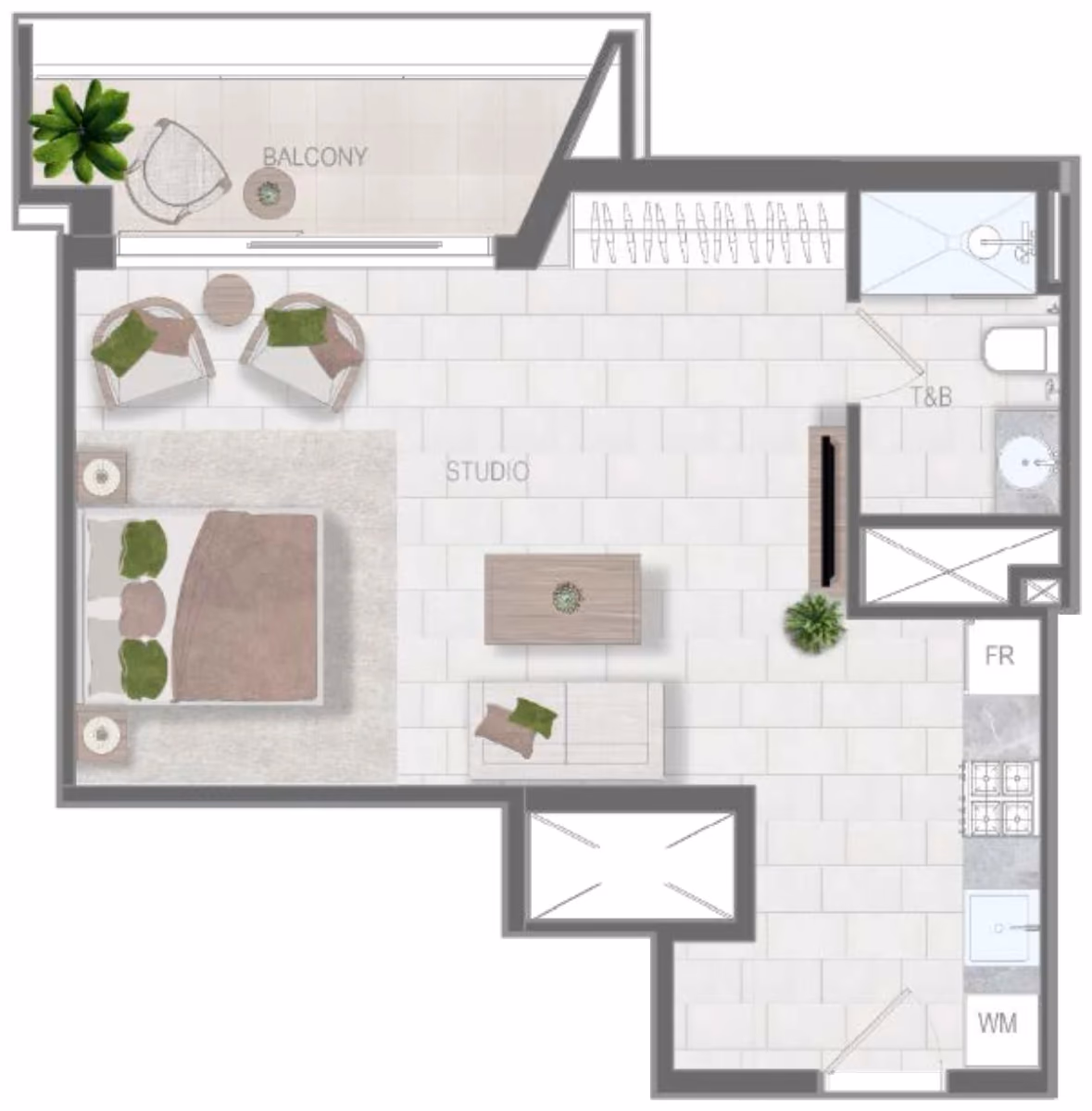 תוכנית סטודיו · Type E ב־נדל"ן להשקעה Object1 Evergr1n House 4, באזור Al Satwa, דובאי