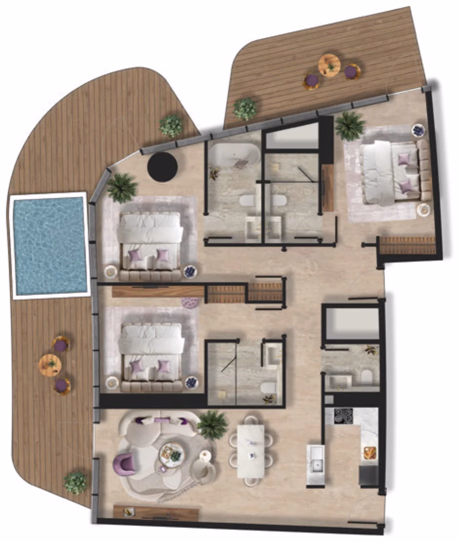 תוכנית 3 חדרי שינה · Type 1 ב־נדל"ן להשקעה BnW Taj Wellington Mews, באזור Al Marjan Island, ראס אל ח'ימה