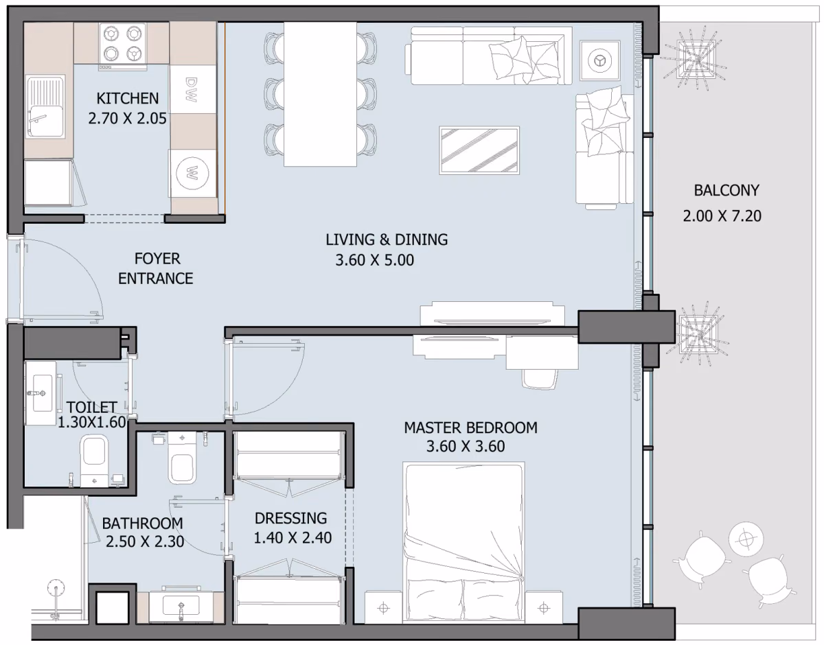 תוכנית חדר שינה אחד · Type A (Ground Floor) ב־נדל"ן להשקעה Oceana by Reportage באזור Dibba Al-Fujairah, פוג׳יירה