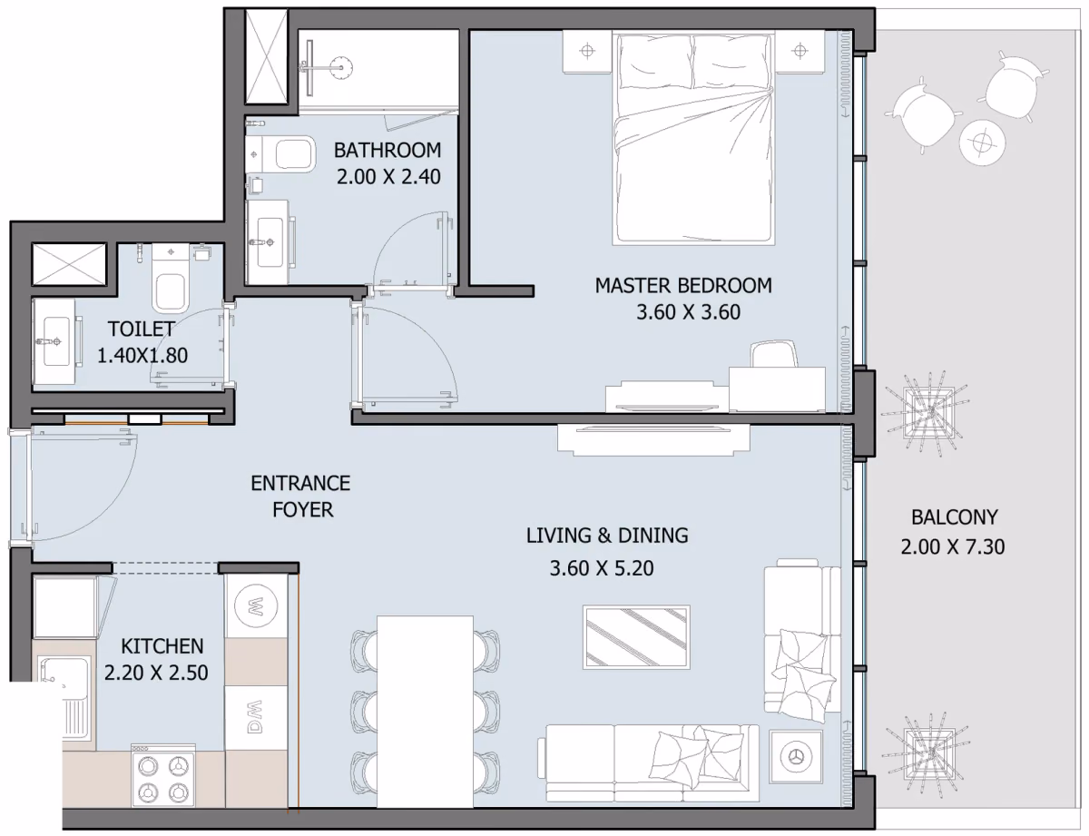 תוכנית חדר שינה אחד · Type B (Ground Floor) ב־נדל"ן להשקעה Oceana by Reportage באזור Dibba Al-Fujairah, פוג׳יירה