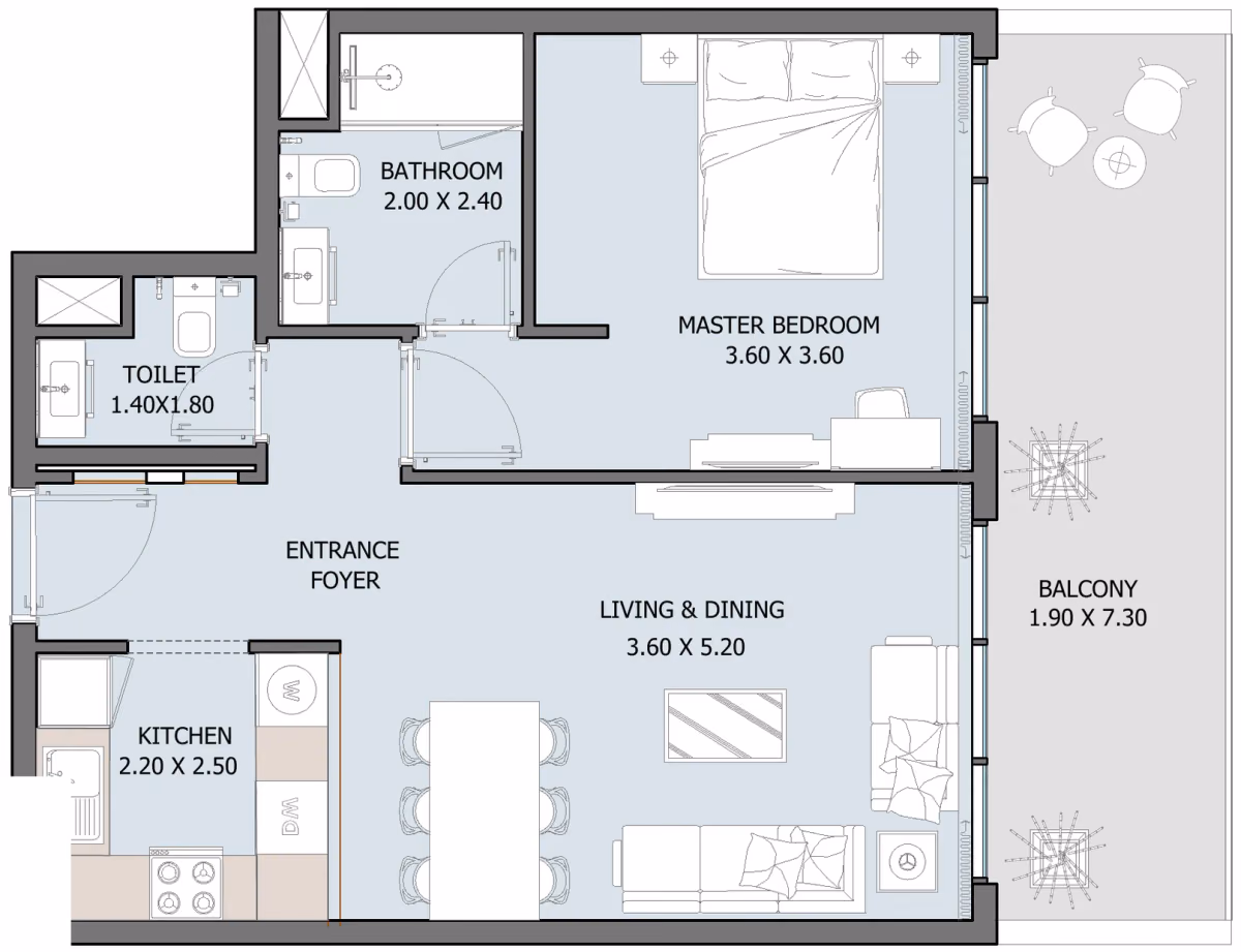 תוכנית חדר שינה אחד · Type C (Ground Floor) ב־נדל"ן להשקעה Oceana by Reportage באזור Dibba Al-Fujairah, פוג׳יירה